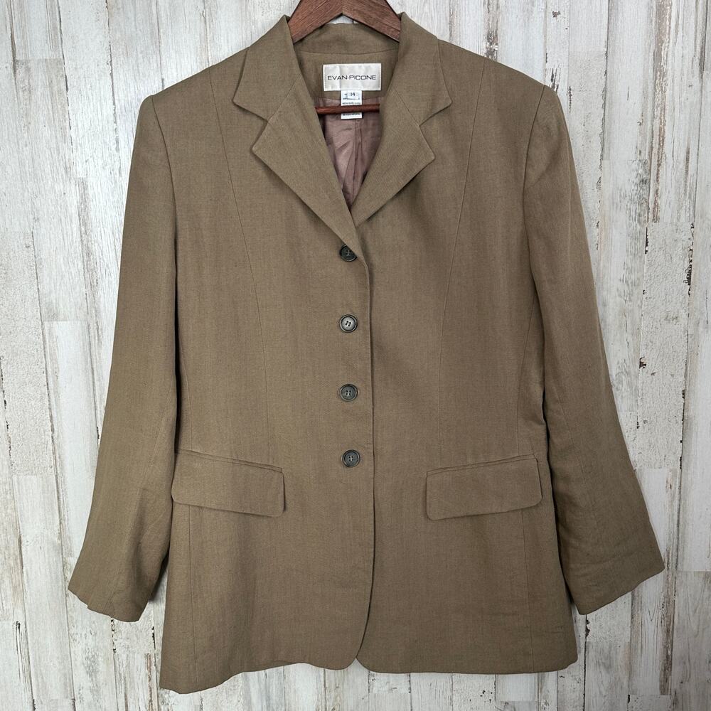 USA Vintage Evan Picone 100 Linen Blazer Sz 14 Academia Preppy Old Money Tan EUC